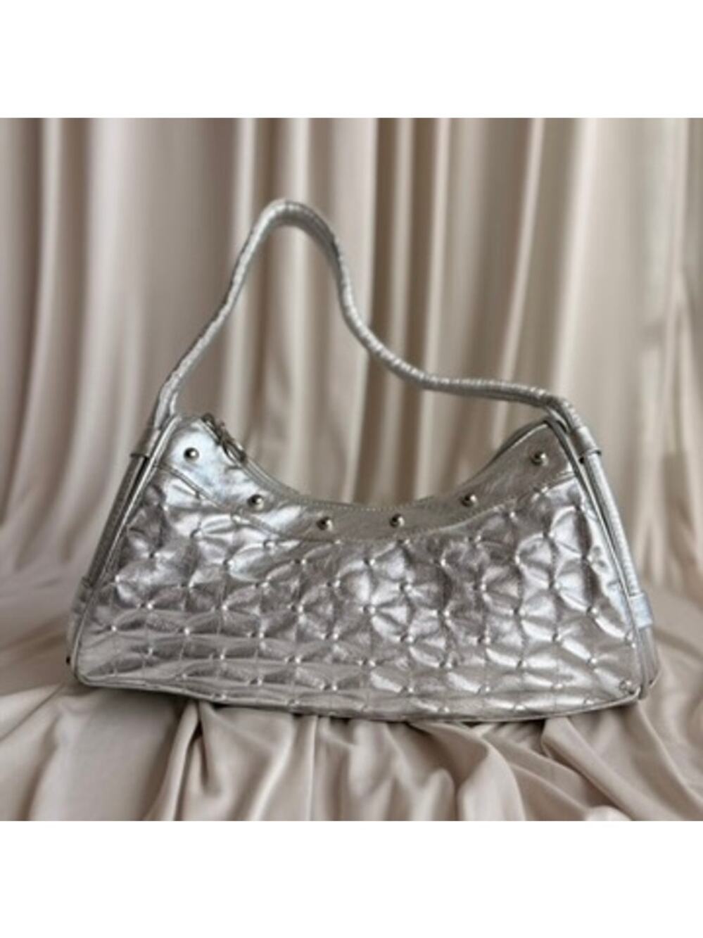 Silver Quilted Studded Shoulder Bag - Faux Leather, 3 Pockets, Vintage Y2K